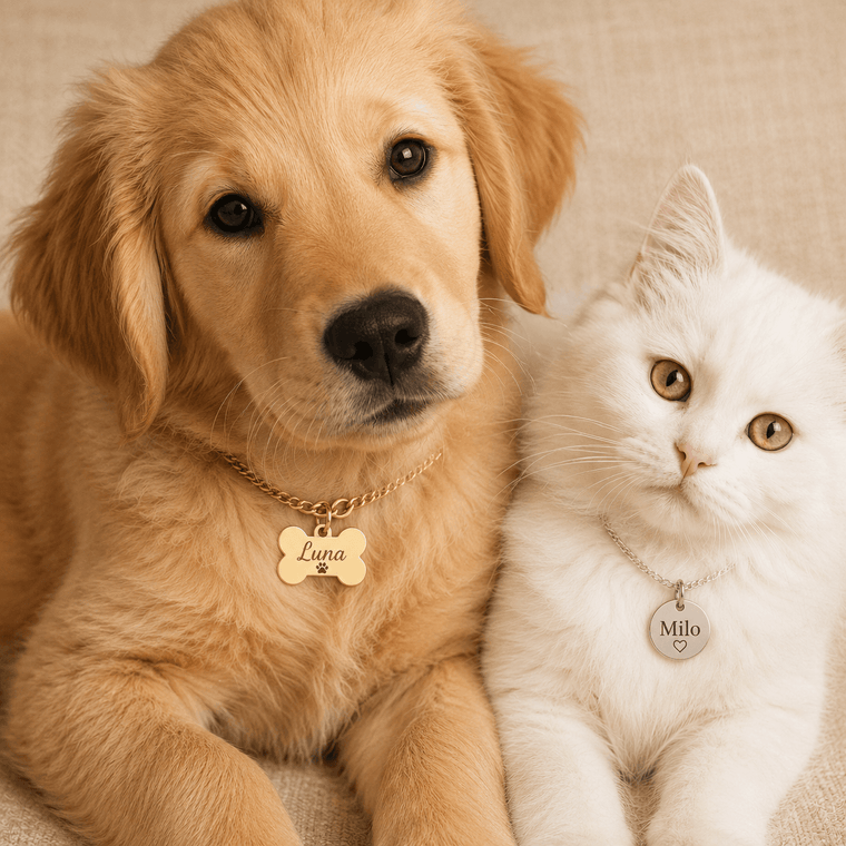 Cane e gatto con targhetta personalizzata incisa laser 
con nome e design, collare oro e argento per animali